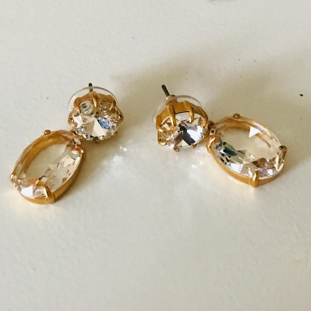 J. Crew Drop Earrings: Light Pink & Clear Faux Stones, Gold Tone.